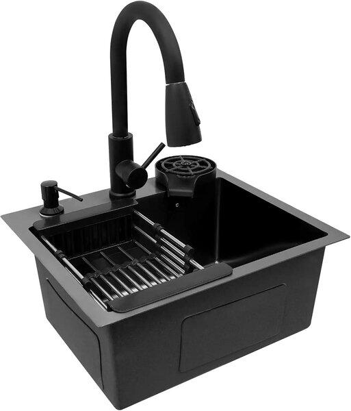 Lavello da cucina, rubinetto estraibile, pulisci bicchieri, nero