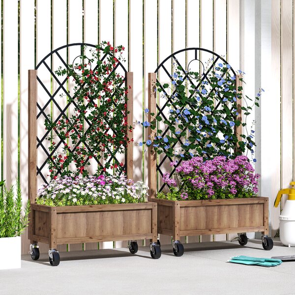 Outsunny Set di 2 Letti per Orto con 4 Ruote, Griglia di Supporto, Fioriera a Traliccio in Legno, 152x25x97cm, Marrone | Aosom Italy
