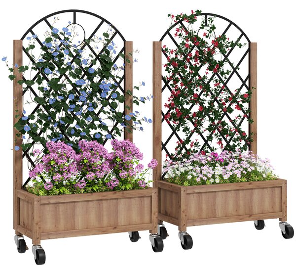 Outsunny Set di 2 Letti per Orto con 4 Ruote, Griglia di Supporto, Fioriera a Traliccio in Legno, 152x25x97cm, Marrone | Aosom Italy