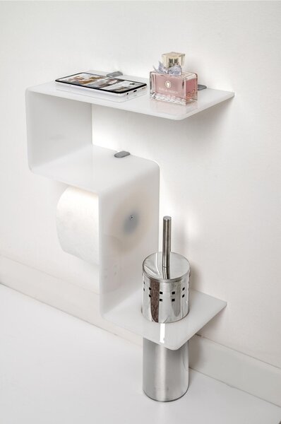Mensola da Bagno Portarotolo e Porta scopino In Plexiglass CLIO Dimensioni 30,5x15x h 38cm - Colore Bianco