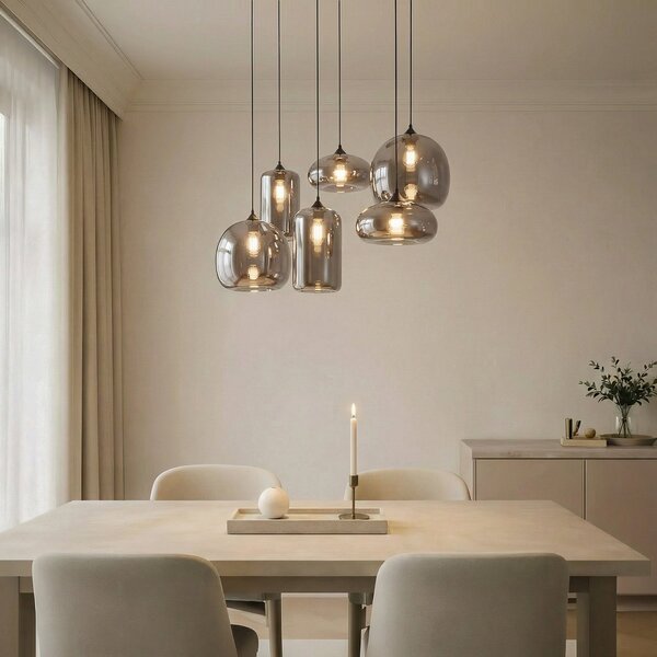 Lampada a sospensione Lindby, Marla, dimmerabile, Grigio, Sala da pranzo, Vetro, Moderno