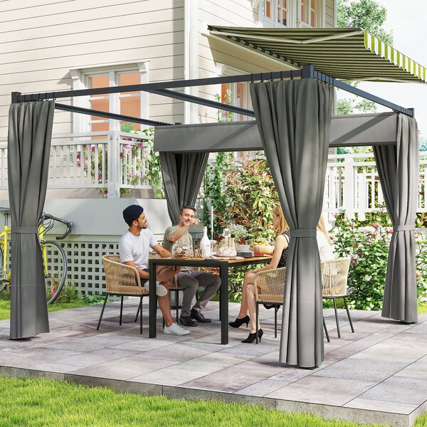 Outsunny Pergola da Giardino con Tetto Retrattile e Tende, in Metallo e Poliestere, 300x300x227 cm, Grigio Chiaro | Aosom Italy