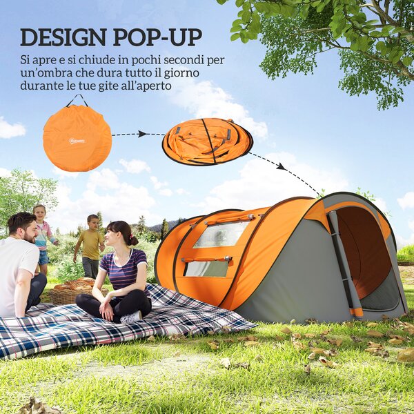 Outsunny Tenda da Campeggio Pop Up 2 Posti con 2 Porte, 4 Finestre e Telo Impermeabile, 263.5x220x123 cm, Arancione | Aosom Italy