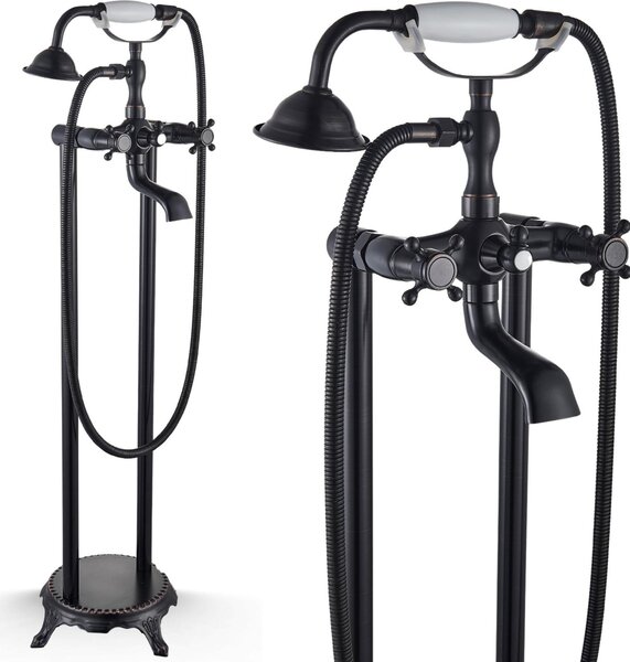 Rubinetto vasca da bagno freestanding Ari Retro, beccuccio girevole 180 gradi, doccetta con effetto waterfall, nero anticato, ottone, valvola Vetroceramica
