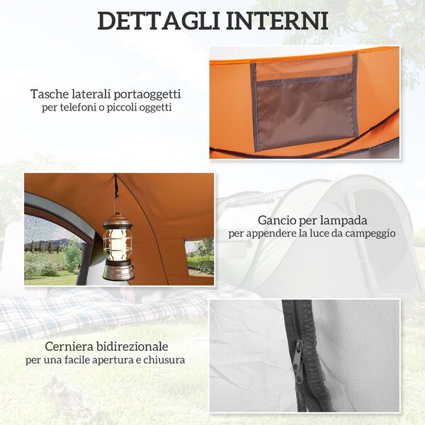 Outsunny Tenda da Campeggio Pop Up 2 Posti con 2 Porte, 4 Finestre e Telo Impermeabile, 263.5x220x123 cm, Arancione | Aosom Italy
