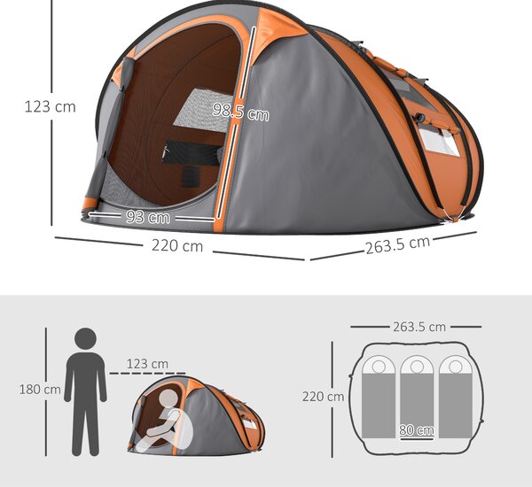 Outsunny Tenda da Campeggio Pop Up 2 Posti con 2 Porte, 4 Finestre e Telo Impermeabile, 263.5x220x123 cm, Arancione | Aosom Italy