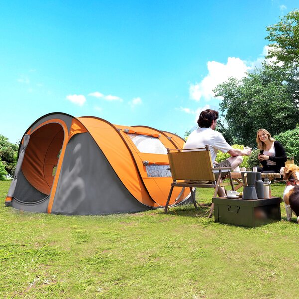 Outsunny Tenda da Campeggio Pop Up 2 Posti con 2 Porte, 4 Finestre e Telo Impermeabile, 263.5x220x123 cm, Arancione | Aosom Italy
