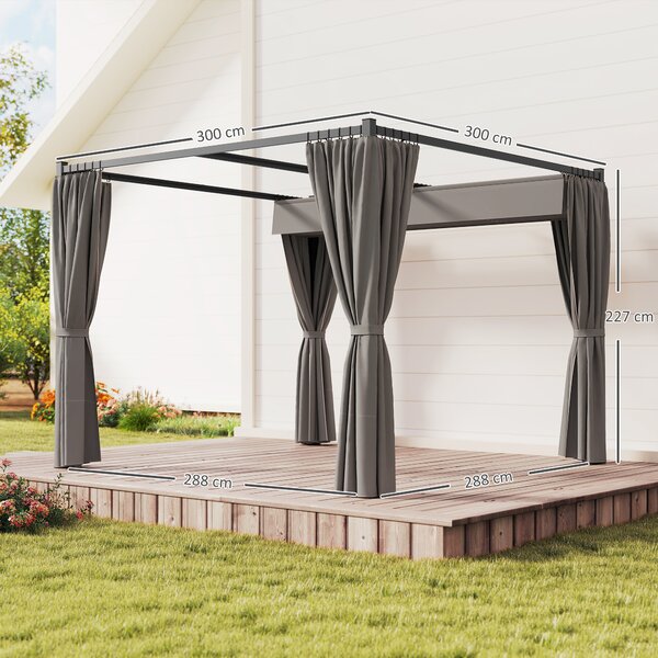 Outsunny Pergola da Giardino con Tetto Retrattile e Tende, in Metallo e Poliestere, 300x300x227 cm, Grigio Chiaro | Aosom Italy