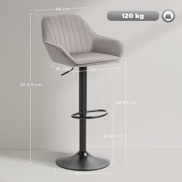 HOMCOM Set 2 Sgabelli da Bar in velluto Girevole con poggiapiedi e altezza regolabile, 50.5x50x107cm, Grigio | Aosom Italy