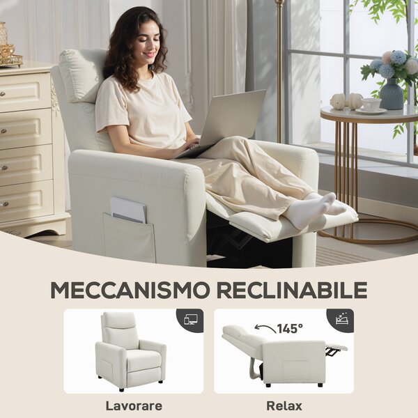 HOMCOM Poltrona Reclinabile 135° max in Tessuto Effetto Lino, Schiuma, Acciaio e Legno, 73x86x100 cm, Bianco Crema | Aosom Italy