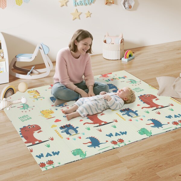 AIYAPLAY Tappeto da gioco per bambini a tema Dinosauri pieghevole, 196x176x1,5 cm, Multicolore | Aosom Italy