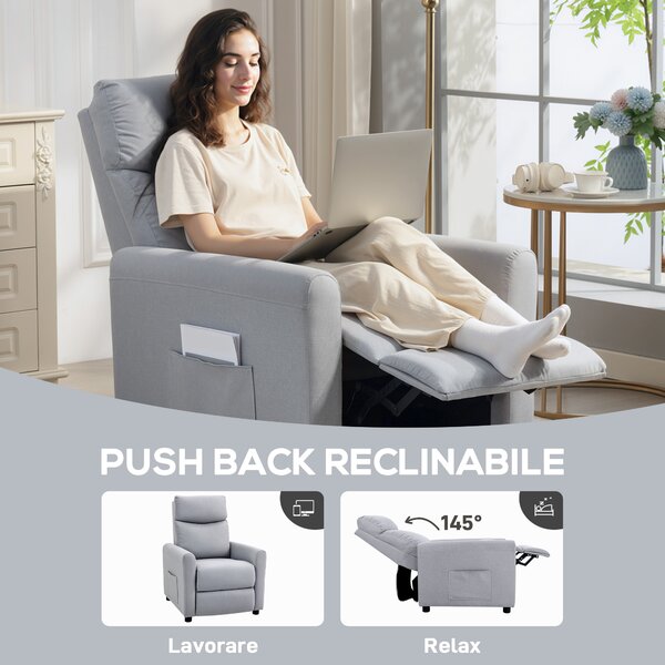 HOMCOM Poltrona Reclinabile 135° max in Tessuto Effetto Lino, Schiuma, Acciaio e Legno, 73x86x100 cm, Grigio Chiaro | Aosom Italy