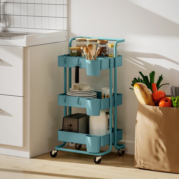 HOMCOM Carrello da Cucina a 3 Livelli con Maniglie e 4 Rotelle, in Acciaio, 42x38x86.5 cm, Verde Azzurro | Aosom Italy