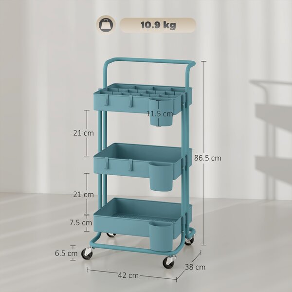 HOMCOM Carrello da Cucina a 3 Livelli con Maniglie e 4 Rotelle, in Acciaio, 42x38x86.5 cm, Verde Azzurro | Aosom Italy