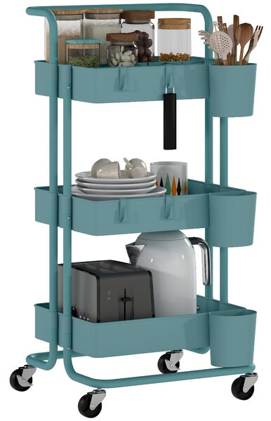 HOMCOM Carrello da Cucina a 3 Livelli con Maniglie e 4 Rotelle, in Acciaio, 42x38x86.5 cm, Verde Azzurro | Aosom Italy