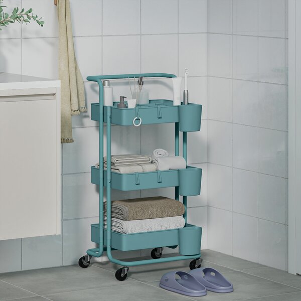 HOMCOM Carrello da Cucina a 3 Livelli con Maniglie e 4 Rotelle, in Acciaio, 42x38x86.5 cm, Verde Azzurro | Aosom Italy