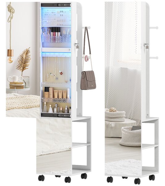 HOMCOM Specchio Porta Gioielli con Luci LED Armadio per Gioielli a Giro di 360° Serratura e Chiavi Superficie Bianca e Rivestimento Beige | Aosom Italy
