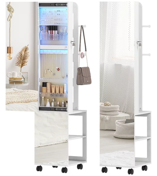 HOMCOM Specchio Porta Gioielli con Luci LED Armadio per Gioielli a Giro di 360° Serratura e Chiavi Superficie Bianca e Rivestimento Beige | Aosom Italy