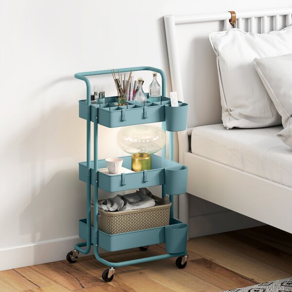 HOMCOM Carrello da Cucina a 3 Livelli con Maniglie e 4 Rotelle, in Acciaio, 42x38x86.5 cm, Verde Azzurro | Aosom Italy