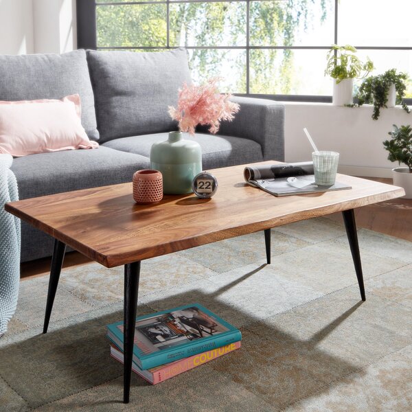 FineBuy Tavolino in legno massiccio di Sheesham rettangolare da 110 cm - Tavolino da salotto con bordo naturale e gambe in metallo - Realizzato a mano con design retrò