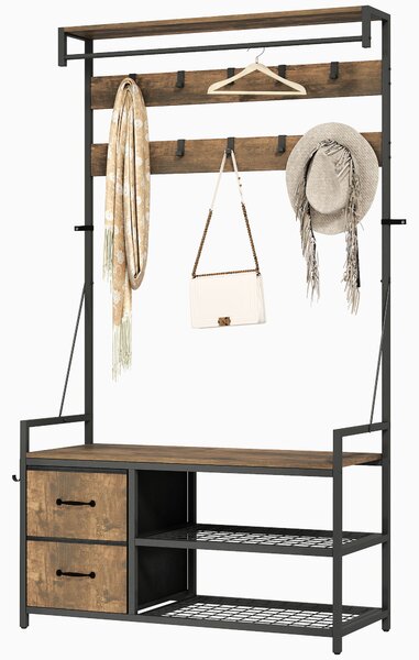 HOMCOM Appendiabiti con Panca Scarpiera Doppia, 10 Ganci Regolabili, e 2 Cassetti, 100x40x180 cm, Marrone Rustico | Aosom Italy