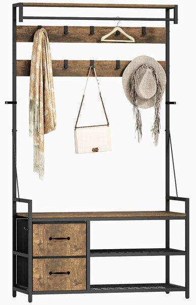 HOMCOM Appendiabiti con Panca Scarpiera Doppia, 10 Ganci Regolabili, e 2 Cassetti, 100x40x180 cm, Marrone Rustico | Aosom Italy