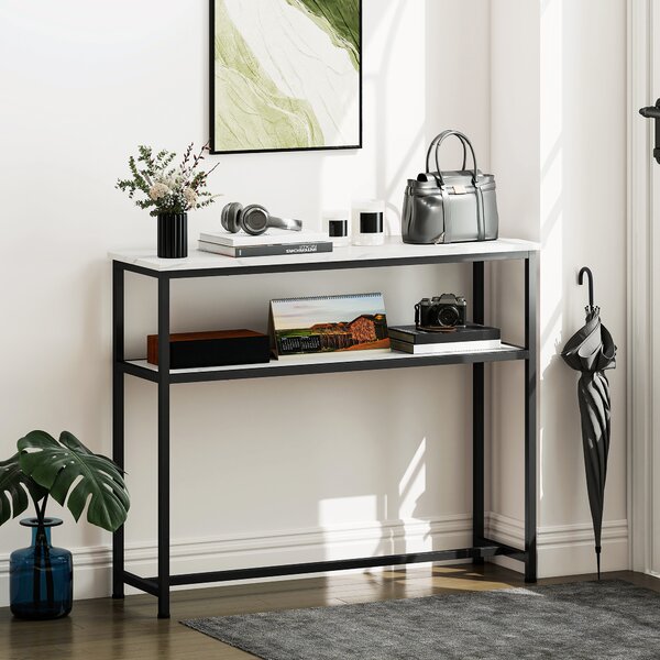 HOMCOM Console da Ingresso Stretta con Superficie Effetto Marmo Mensola Aperta e Struttura in Metallo 100x30x81 cm Bianco | Aosom Italy