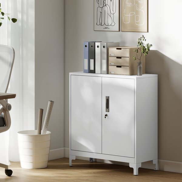 HOMCOM Mobile da Ufficio Portadocumenti con 3 Ripiani, 2 Ante e Chiavi, 80x35x91 cm, Bianco | Aosom Italy