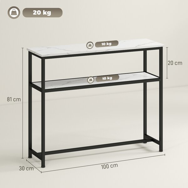 HOMCOM Console da Ingresso Stretta con Superficie Effetto Marmo Mensola Aperta e Struttura in Metallo 100x30x81 cm Bianco | Aosom Italy