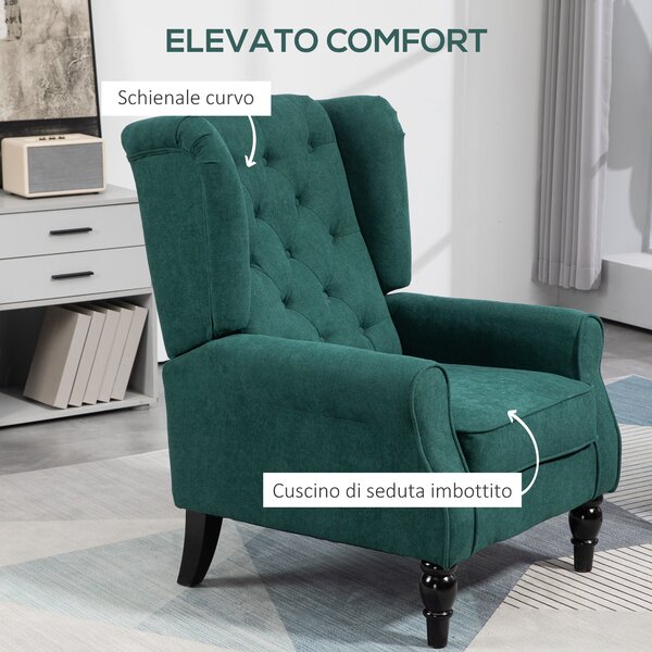 HOMCOM Poltrona per Salotto in Stile Francese con Seduta Imbottita e Cuscini, in Poliestere, 74x86x102 cm, Verde Scuro | Aosom Italy
