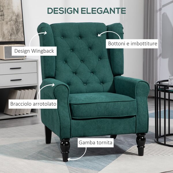 HOMCOM Poltrona per Salotto in Stile Francese con Seduta Imbottita e Cuscini, in Poliestere, 74x86x102 cm, Verde Scuro | Aosom Italy