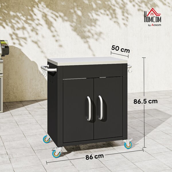 HOMCOM Carrello da Cucina in Acciaio Inox con Armadietto Contenitore e 6 Ganci, 86x50x86.5 cm, Nero | Aosom Italy