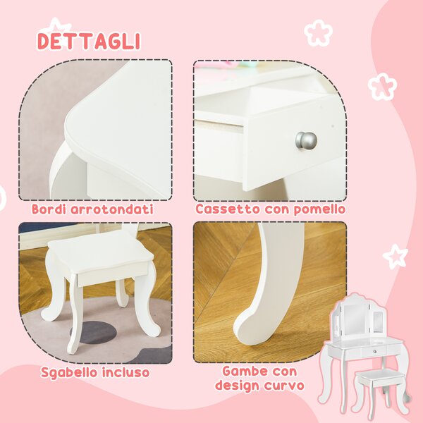 HOMCOM Tavolo da Trucco per Bambini con Sgabello e Triplo Specchio, in Legno e Acrilico, 63x40x85.5 cm, Bianco | Aosom Italy