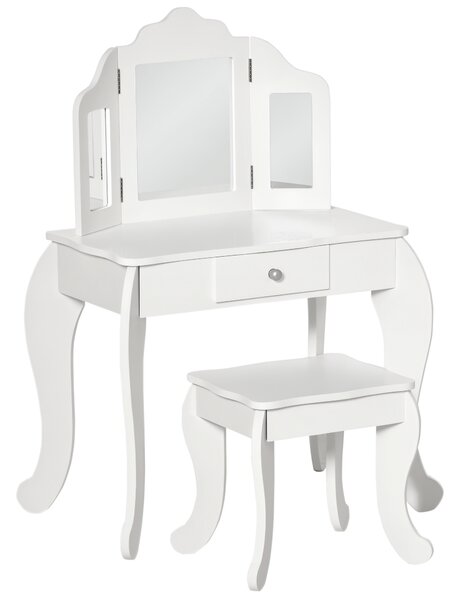 HOMCOM Tavolo da Trucco per Bambini con Sgabello e Triplo Specchio, in Legno e Acrilico, 63x40x85.5 cm, Bianco | Aosom Italy