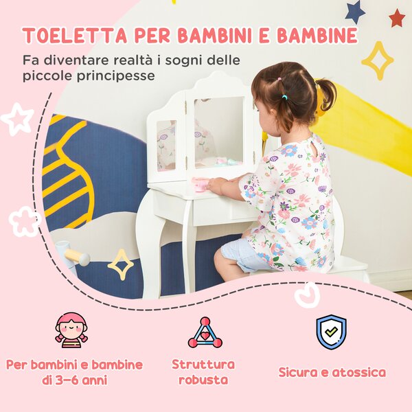 HOMCOM Tavolo da Trucco per Bambini con Sgabello e Triplo Specchio, in Legno e Acrilico, 63x40x85.5 cm, Bianco | Aosom Italy