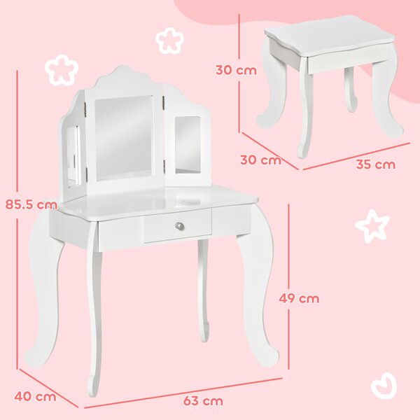 HOMCOM Tavolo da Trucco per Bambini con Sgabello e Triplo Specchio, in Legno e Acrilico, 63x40x85.5 cm, Bianco | Aosom Italy