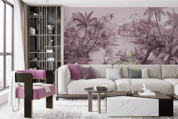 Carta da parati Tropici in bianco e nero con colori viola, Carta da parati Foresta, Carta da parati Giungla, u59040v3 : Uwalls.it