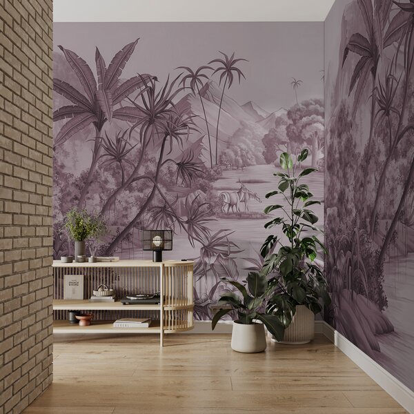 Carta da parati Tropici in bianco e nero con colori viola, Carta da parati Foresta, Carta da parati Giungla, u59040v3 : Uwalls.it