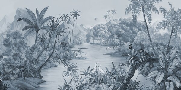 Carta da parati Tropici in bianco e nero con colori blu, Carta da parati Foresta, Carta da parati Giungla, u59040v2 : Uwalls.it