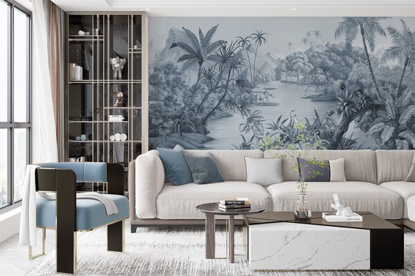 Carta da parati Tropici in bianco e nero con colori blu, Carta da parati Foresta, Carta da parati Giungla, u59040v2 : Uwalls.it