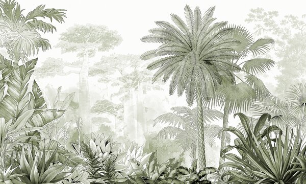 Carta da parati Tropici. Disegno a inchiostro con colori verdi, Carta da parati Foresta, Carta da parati Giungla, u59041v1 : Uwalls.it