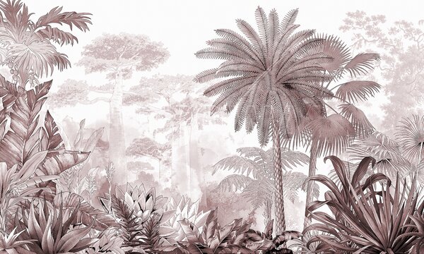 Carta da parati Tropici. Disegno a inchiostro con colori viola, Carta da parati Foresta, Carta da parati Giungla, u59041v3 : Uwalls.it