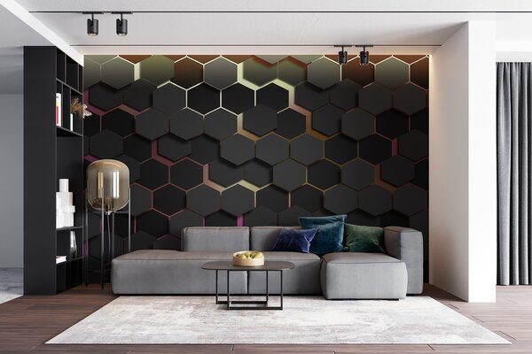 Carta da parati Esagoni neri con effetto 3d nei colori nero e rosa, Carta da parati lastrazione, u79935v3 : Uwalls.it