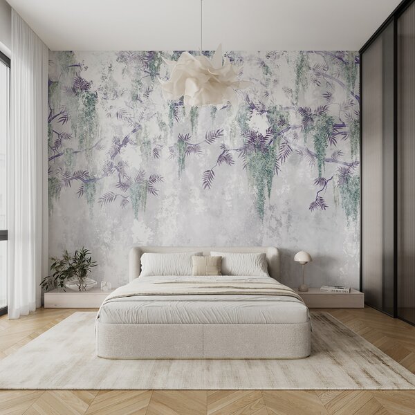 Carta da parati Rami grunge appesi di tendenza con fiori viola dai colori blu, Carta da parati Floreale, u73816v1 : Uwalls.it