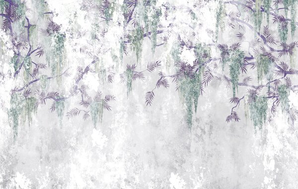 Carta da parati Rami grunge appesi di tendenza con fiori viola dai colori blu, Carta da parati Floreale, u73816v1 : Uwalls.it