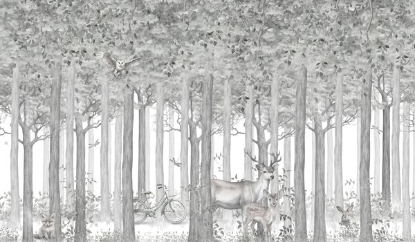 Carta da parati Animali della foresta, cervi e gufi in grigio, Carta da parati Natura, u97629v1 : Uwalls.it