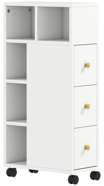 HOMCOM Mobiletto Bagno Salvaspazio con Ruote, 3 Cassetti e 5 Vani con Ripiani Regolabili, 20x40x80 cm, Bianco | Aosom Italy