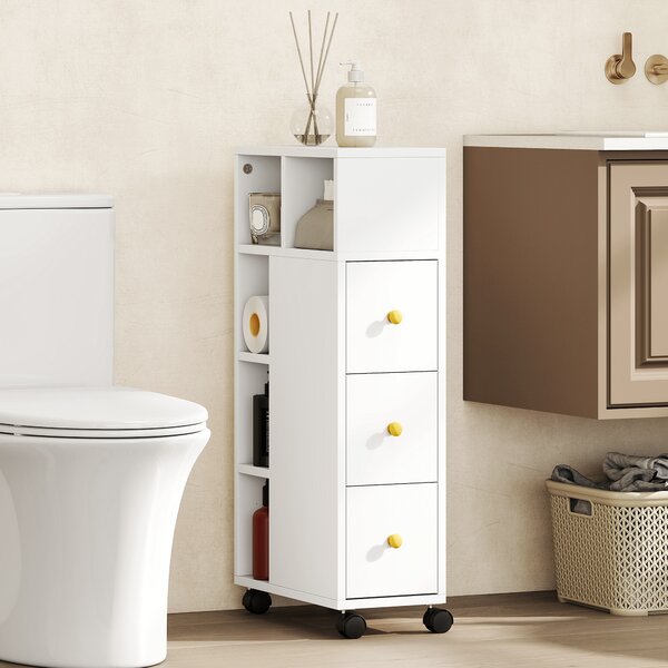 HOMCOM Mobiletto Bagno Salvaspazio con Ruote, 3 Cassetti e 5 Vani con Ripiani Regolabili, 20x40x80 cm, Bianco | Aosom Italy