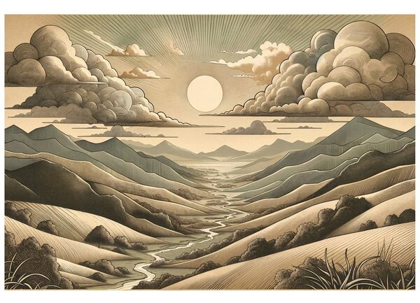 Carta da parati – Paesaggio vintage con montagne e sole