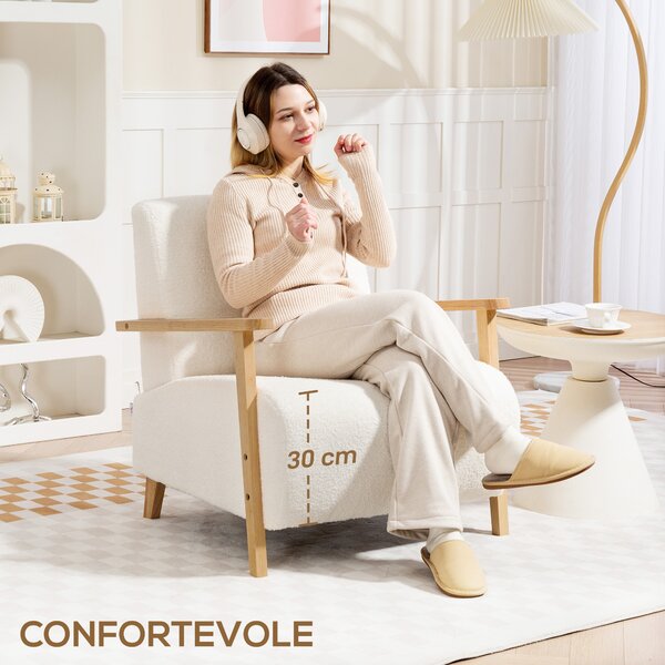HOMCOM Poltrona da Salotto con Braccioli e Gambe in Legno, in Tessuto Sherpa e Stile Nordico, Crema | Aosom Italy